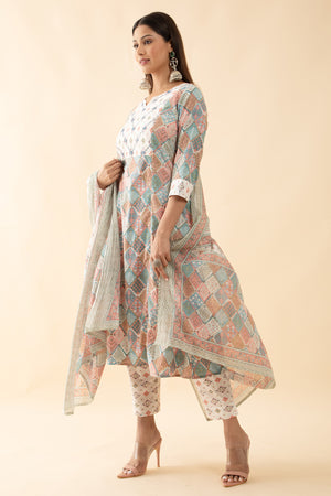 Floral Mosaic Printed Kurtaset with Dupatta - White Pastels