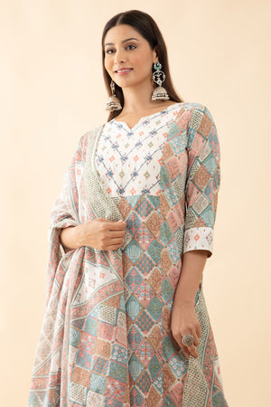 Floral Mosaic Printed Kurtaset with Dupatta - White Pastels