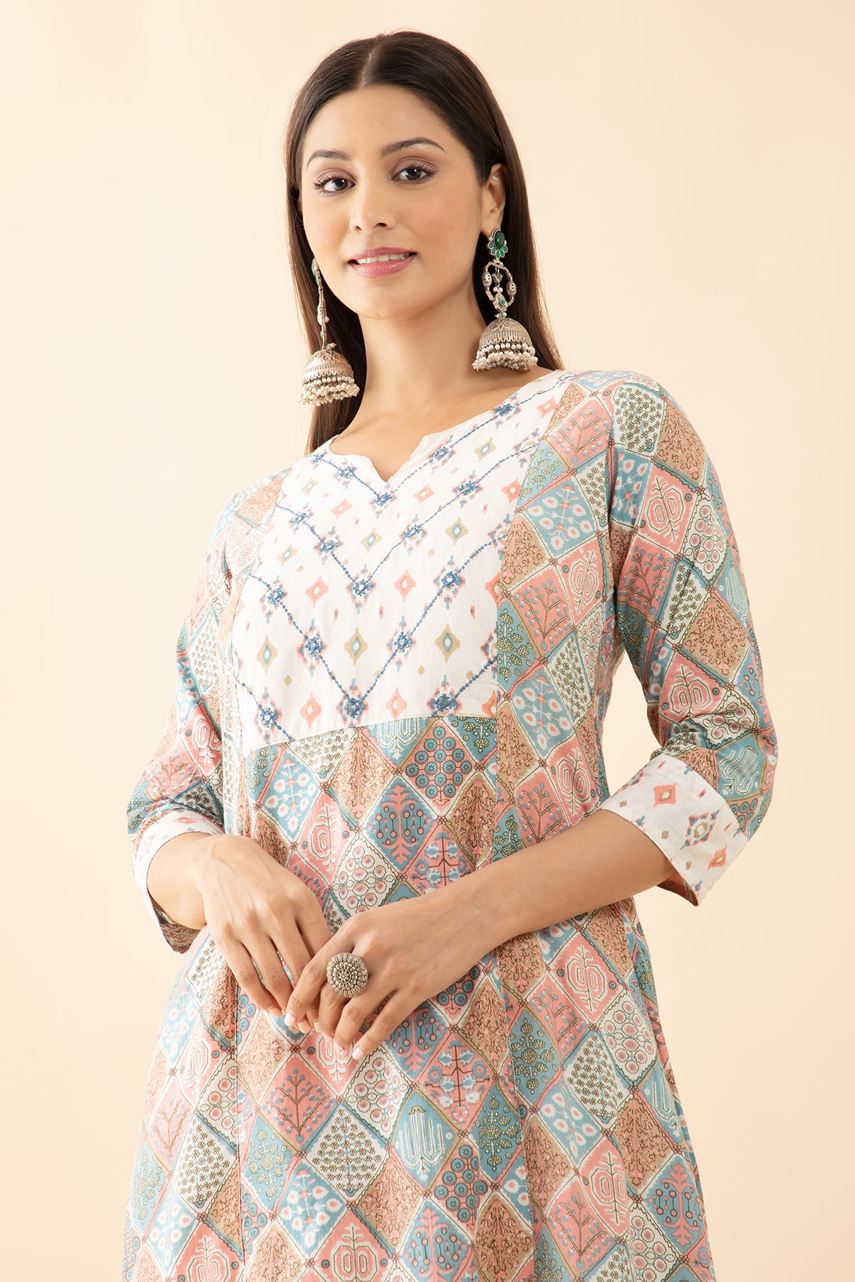 Floral Mosaic Printed Kurtaset with Dupatta - White Pastels