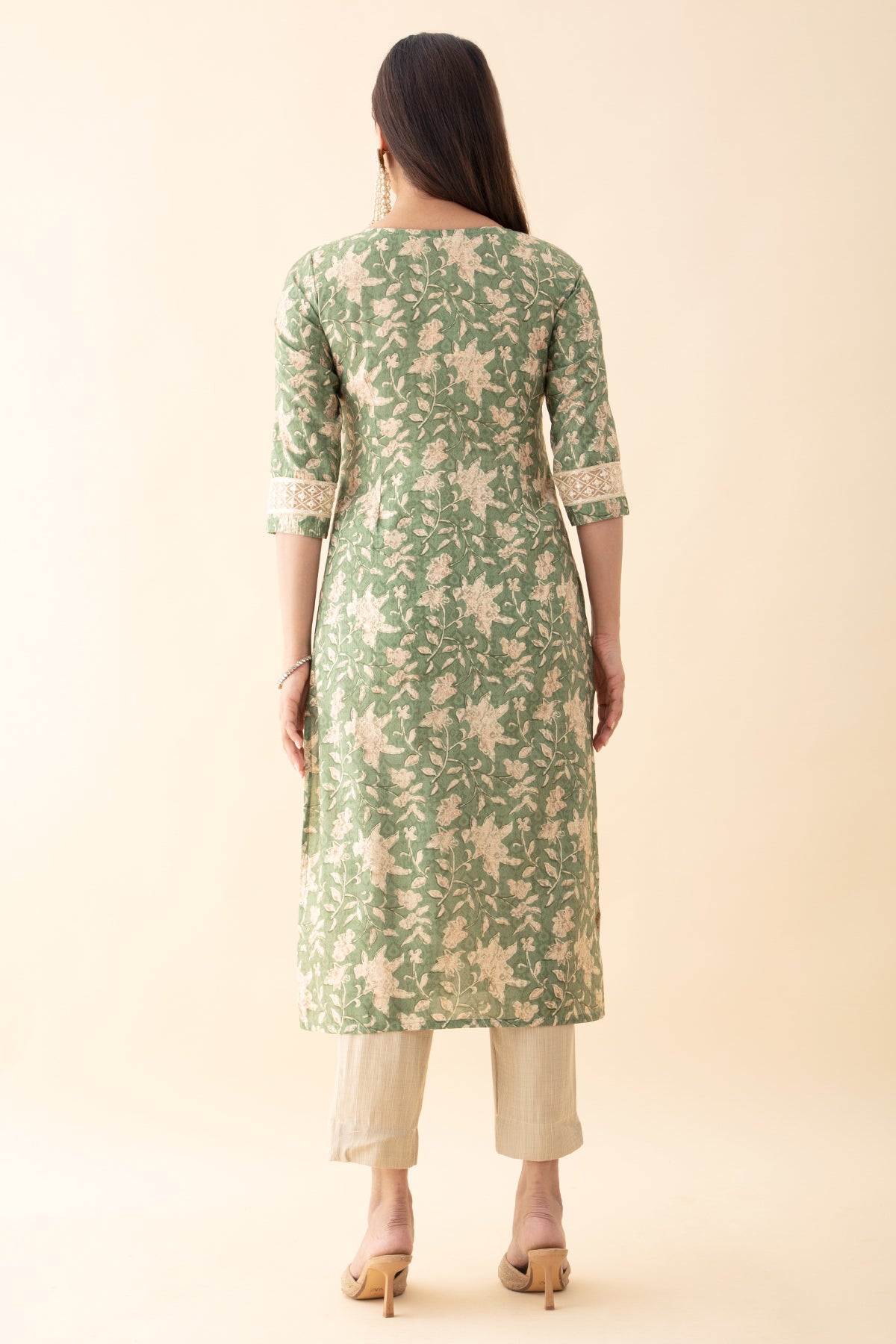 Printed Kurta Set WIth Lace Embellished Dupatta - Green & Beige