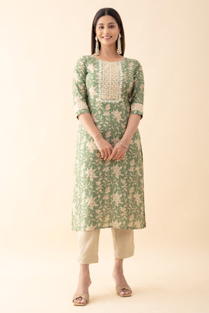 Printed Kurta Set WIth Lace Embellished Dupatta - Green & Beige