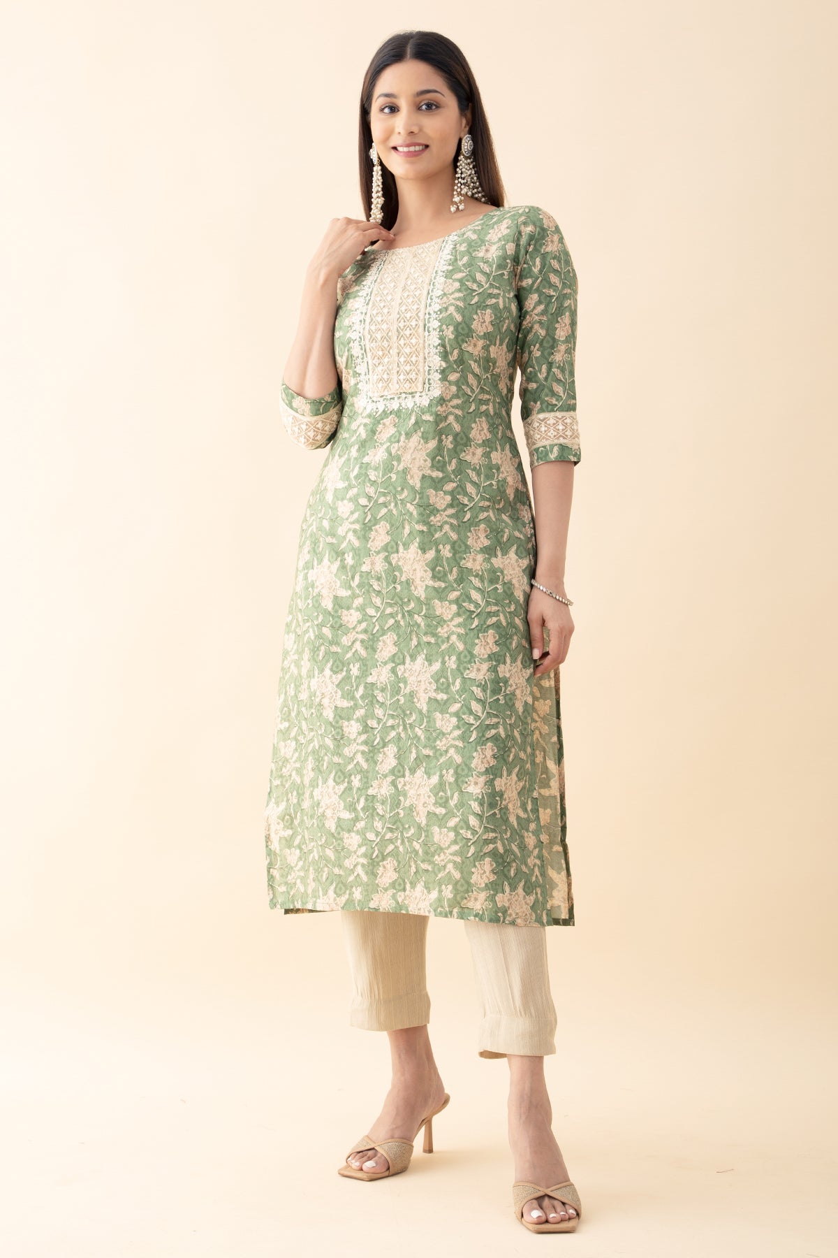 Printed Kurta Set WIth Lace Embellished Dupatta - Green & Beige