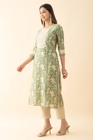 Printed Kurta Set WIth Lace Embellished Dupatta - Green & Beige