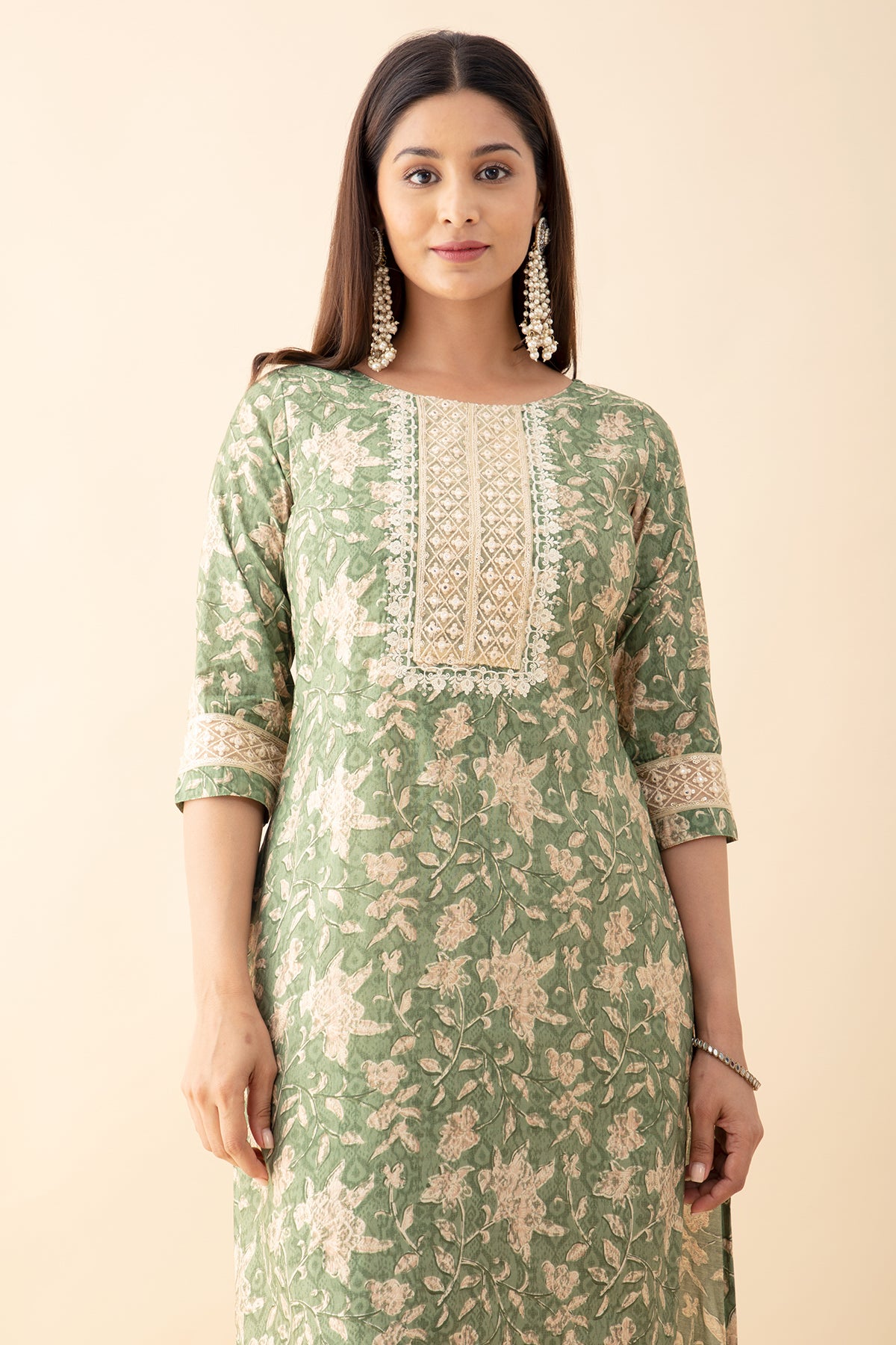 Printed Kurta Set WIth Lace Embellished Dupatta - Green & Beige