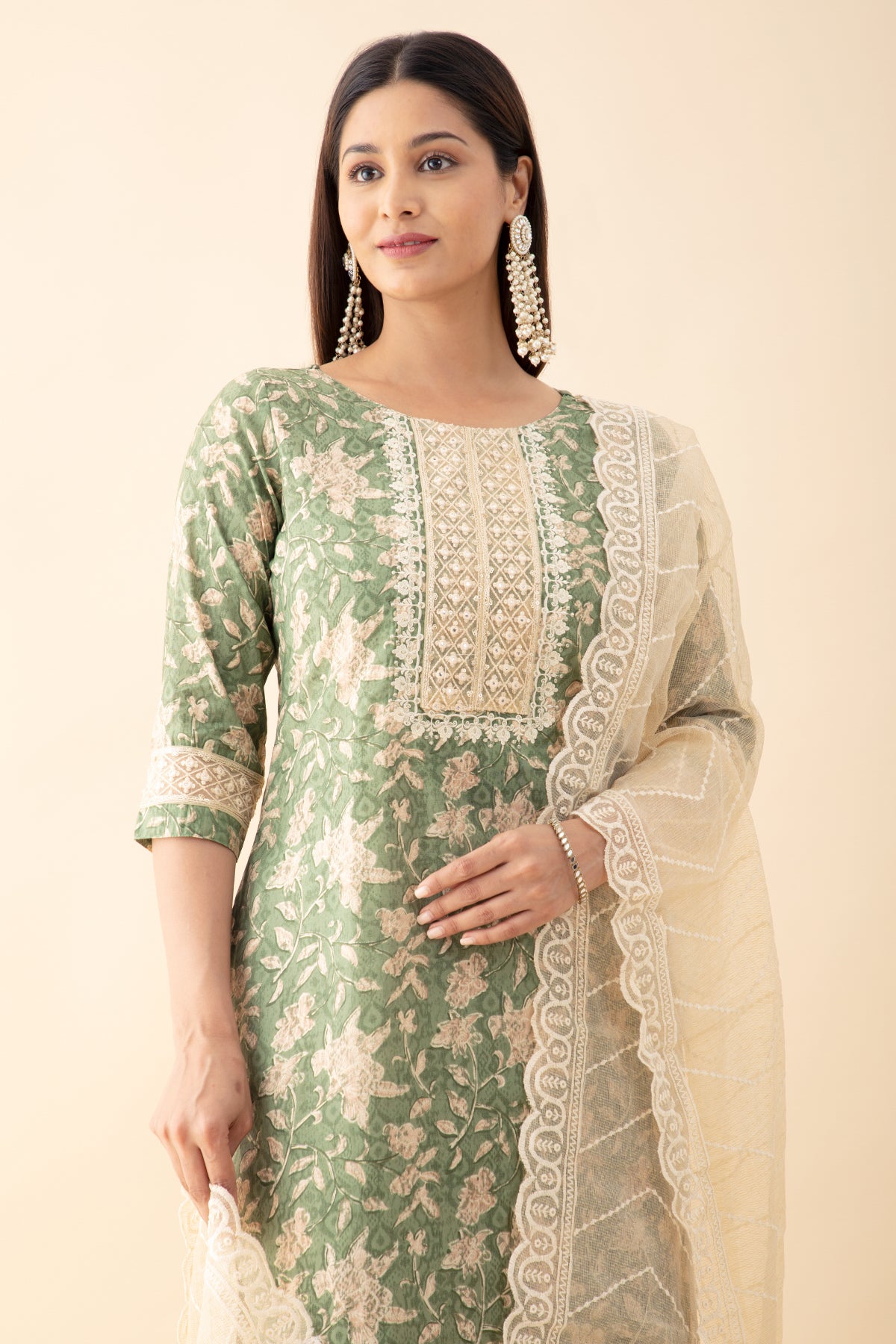 Printed Kurta Set WIth Lace Embellished Dupatta - Green & Beige