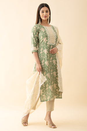 Printed Kurta Set WIth Lace Embellished Dupatta - Green & Beige