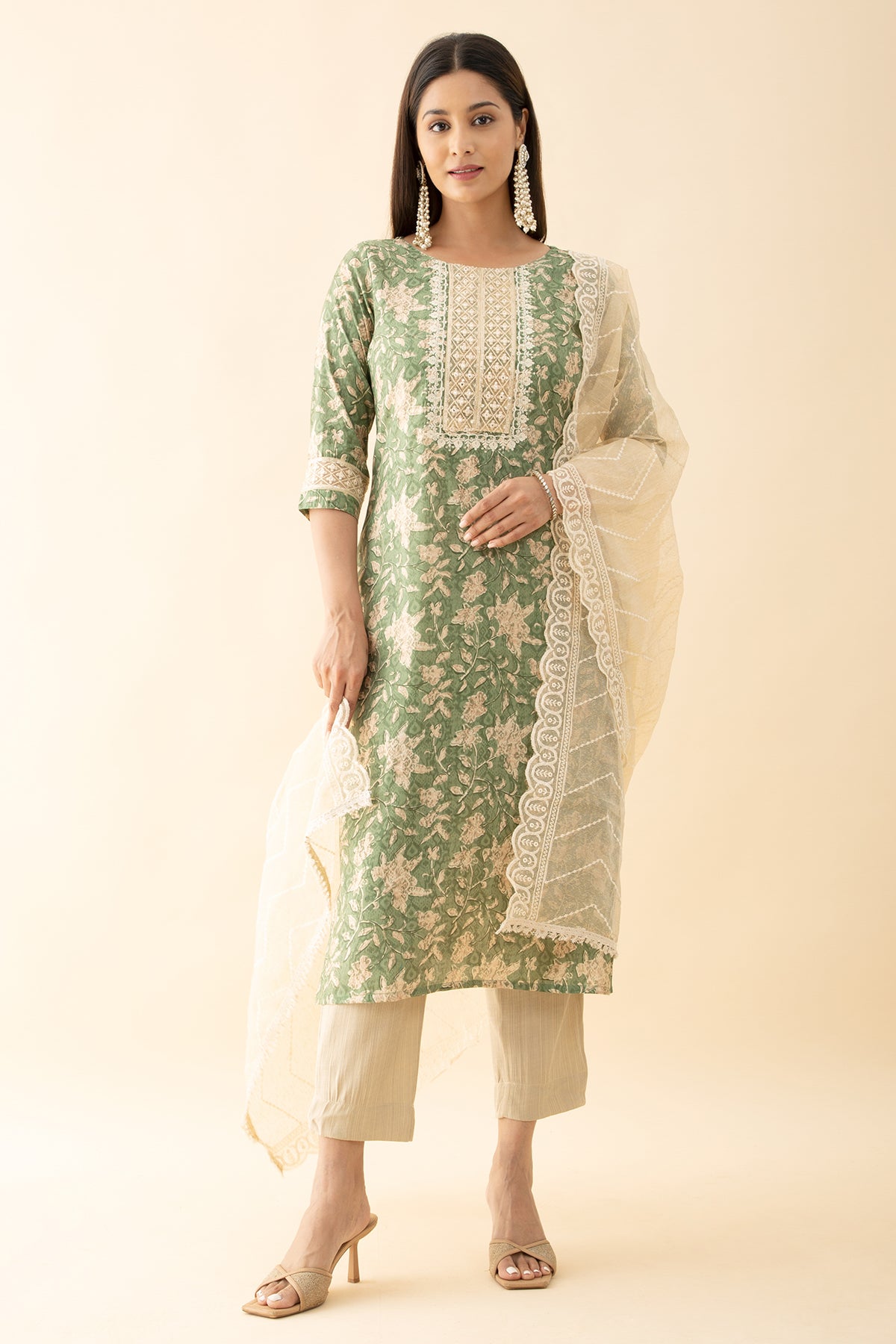 Printed Kurta Set WIth Lace Embellished Dupatta - Green & Beige