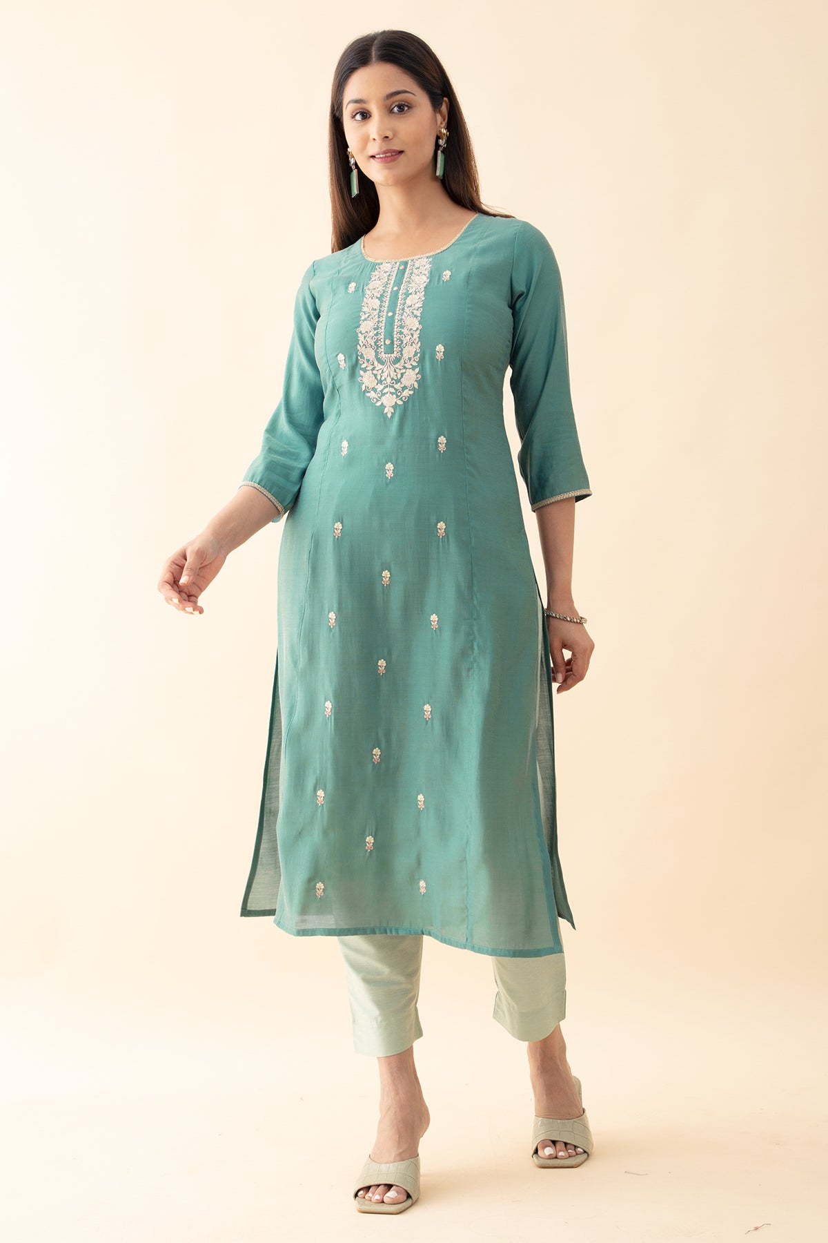 Embroidered Kurta Set with Brocade Dupatta - Blue & Green