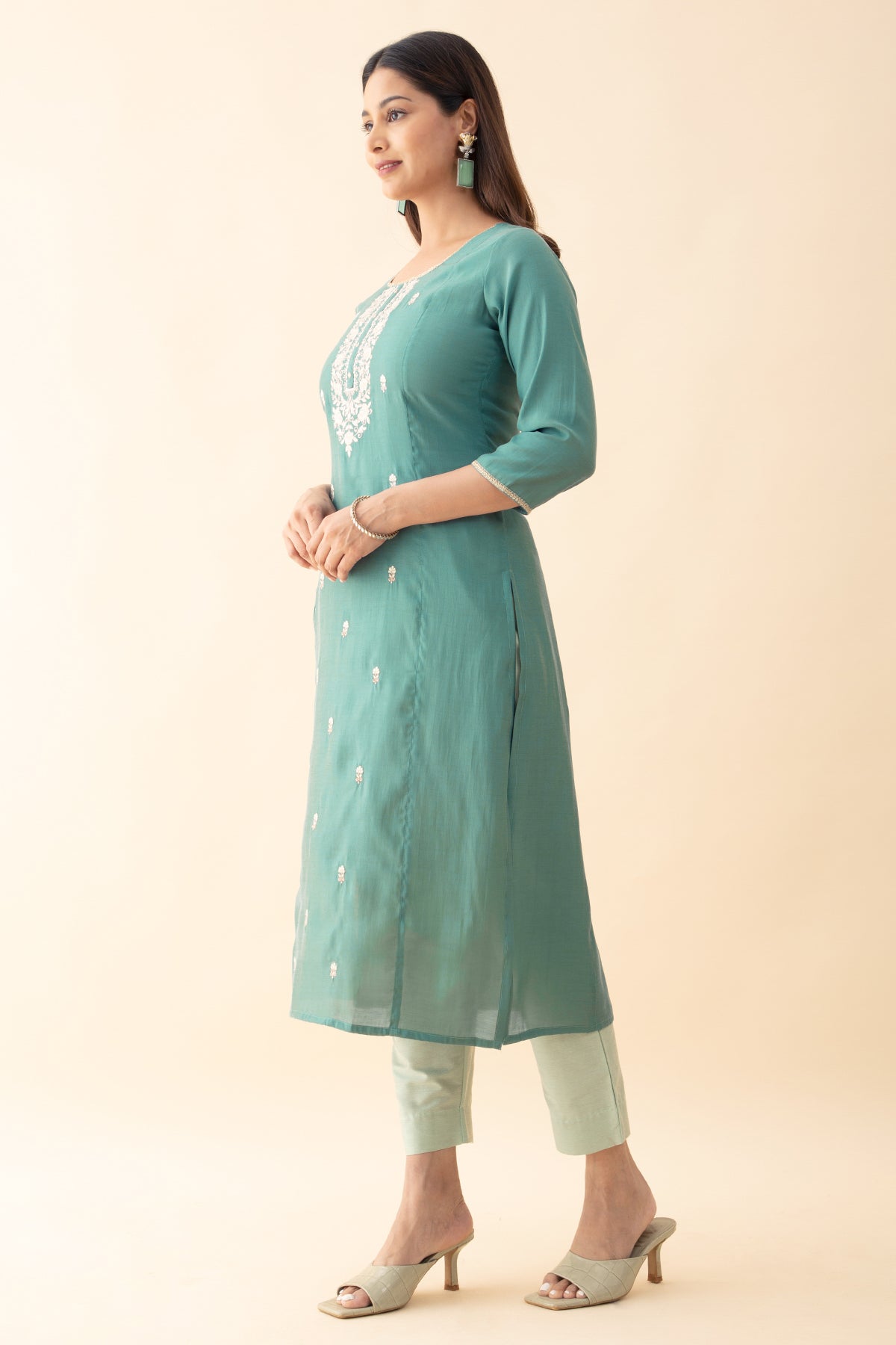 Embroidered Kurta Set with Brocade Dupatta - Blue & Green