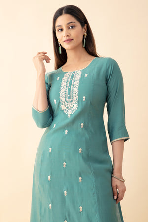 Embroidered Kurta Set with Brocade Dupatta - Blue & Green