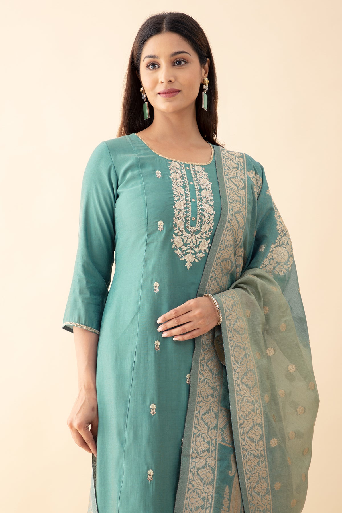 Embroidered Kurta Set with Brocade Dupatta - Blue & Green