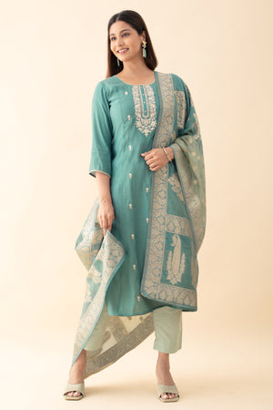 Embroidered Kurta Set with Brocade Dupatta - Blue & Green