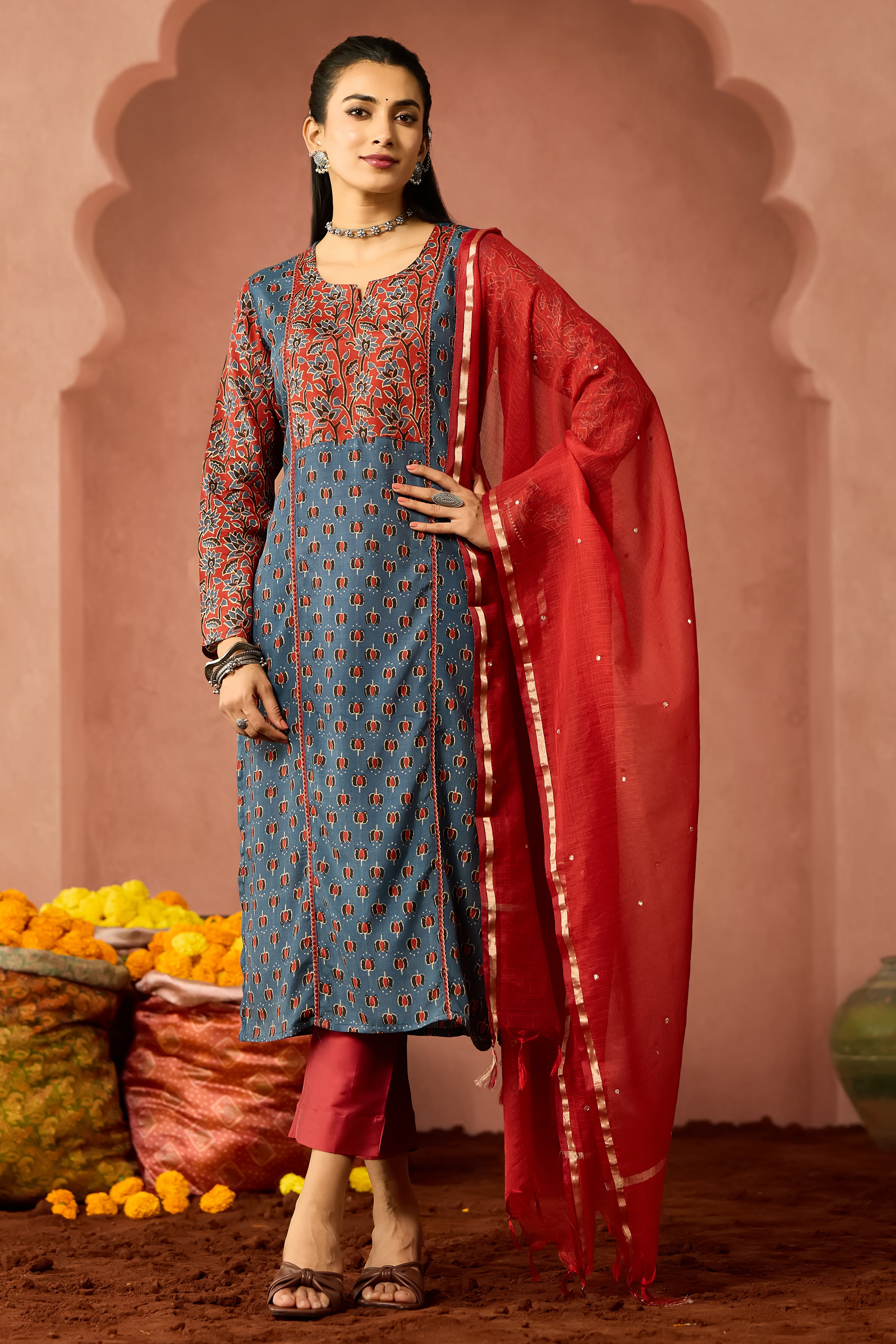 BLUE AJRAKH PRINTED STRAIGHT CUT KURTA SET