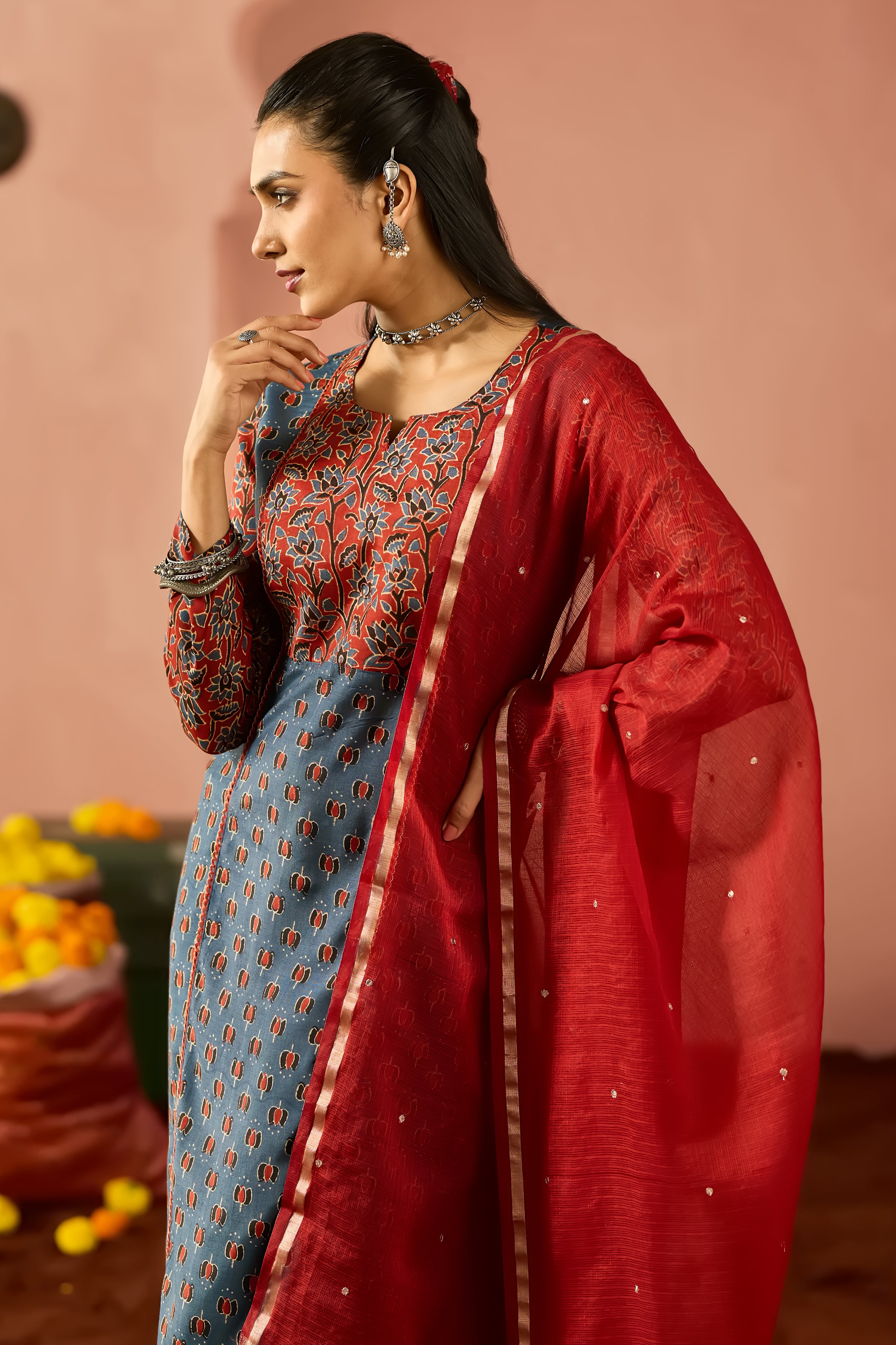 BLUE AJRAKH PRINTED STRAIGHT CUT KURTA SET