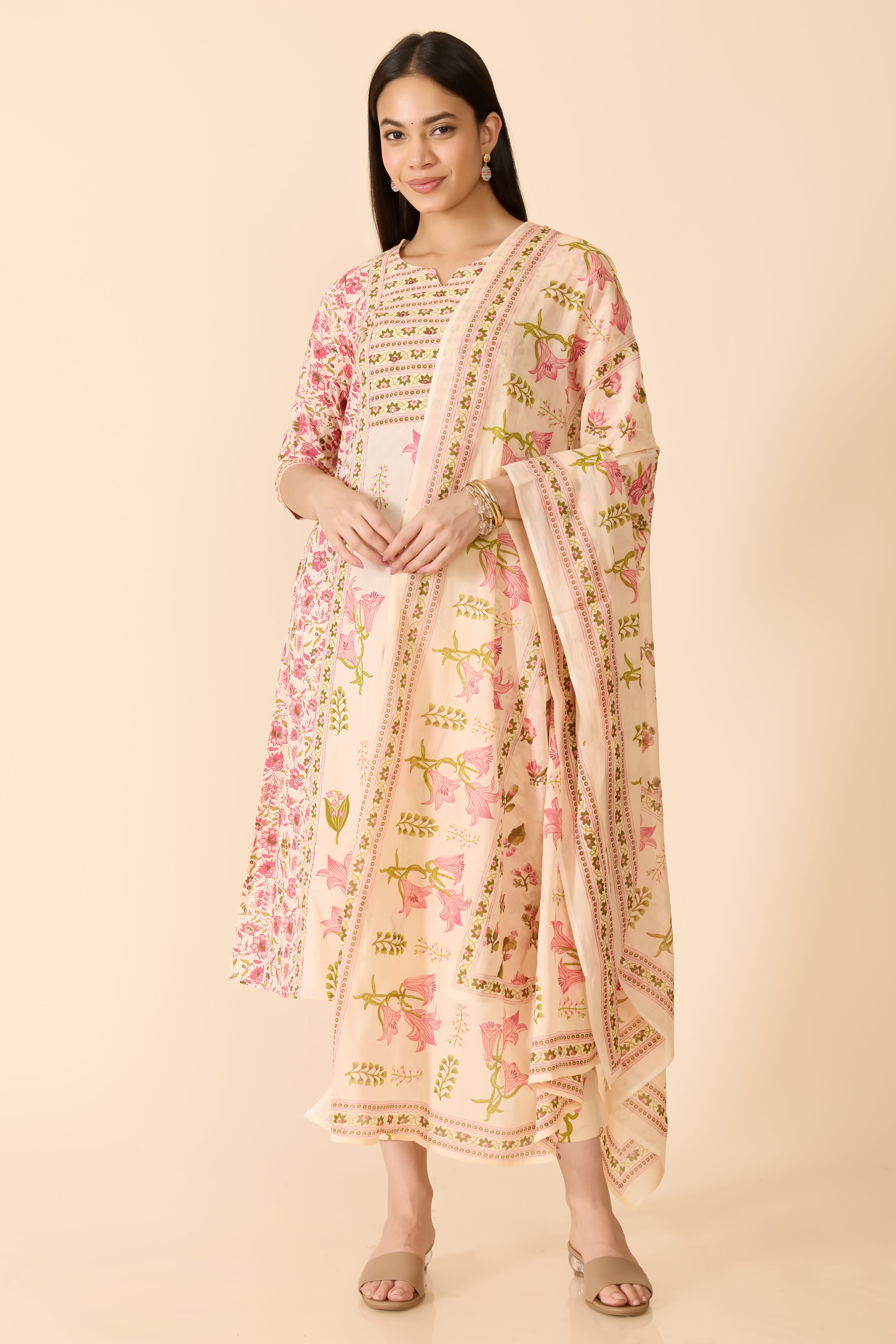 BEIGE FLORAL COTTON KURTA SET
