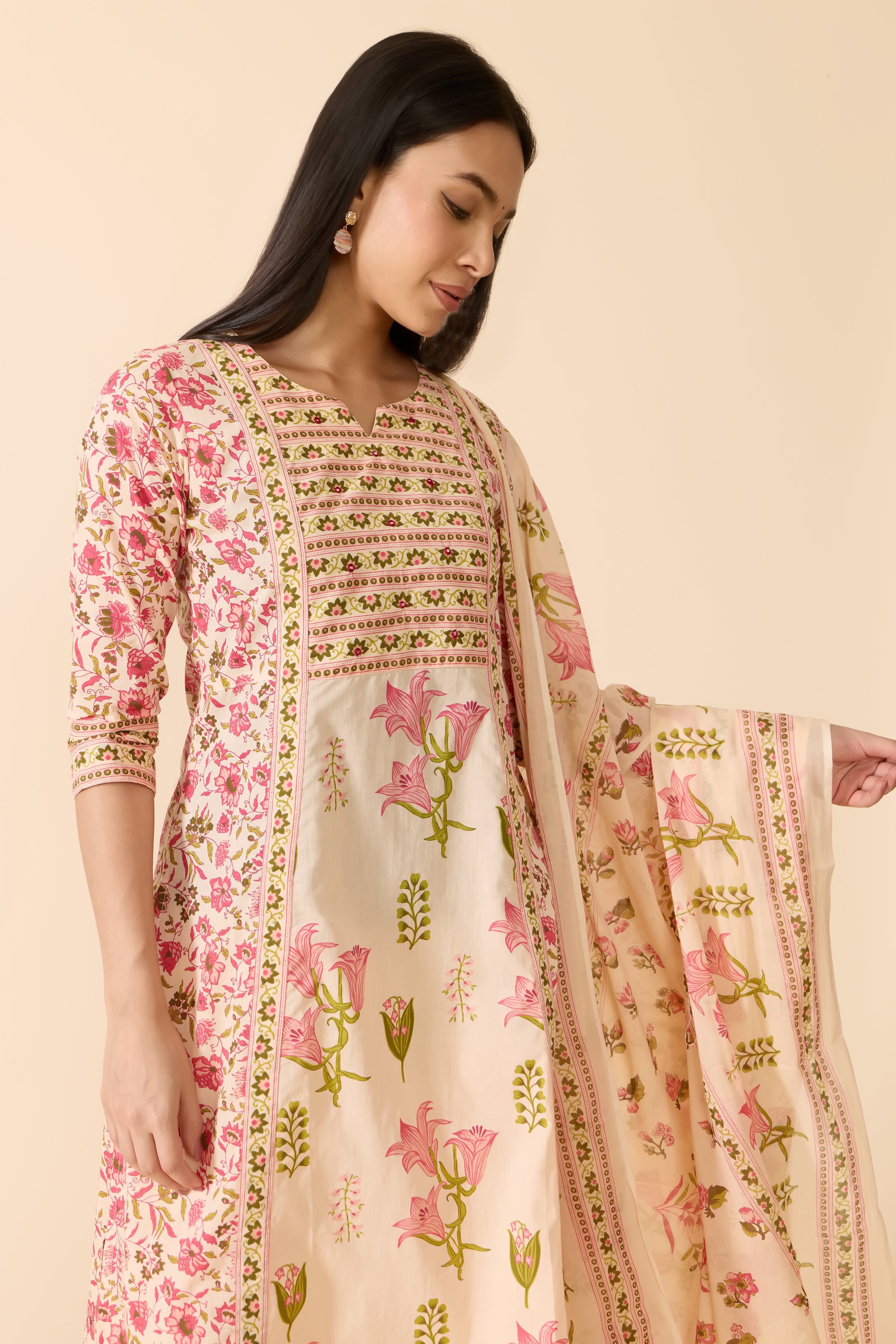 BEIGE FLORAL COTTON KURTA SET