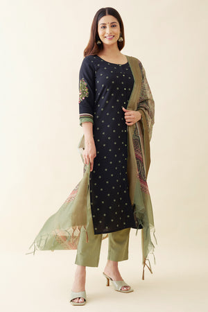 Paisley Embroidered Kurtaset with Printed Duaptta - Black & Green