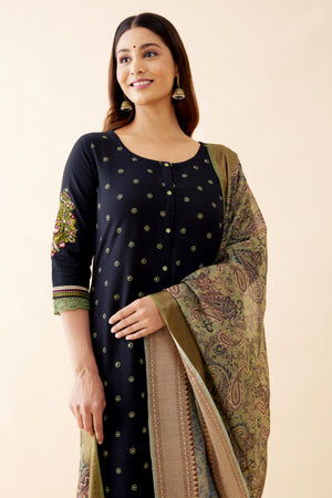 Paisley Embroidered Kurtaset with Printed Duaptta - Black & Green