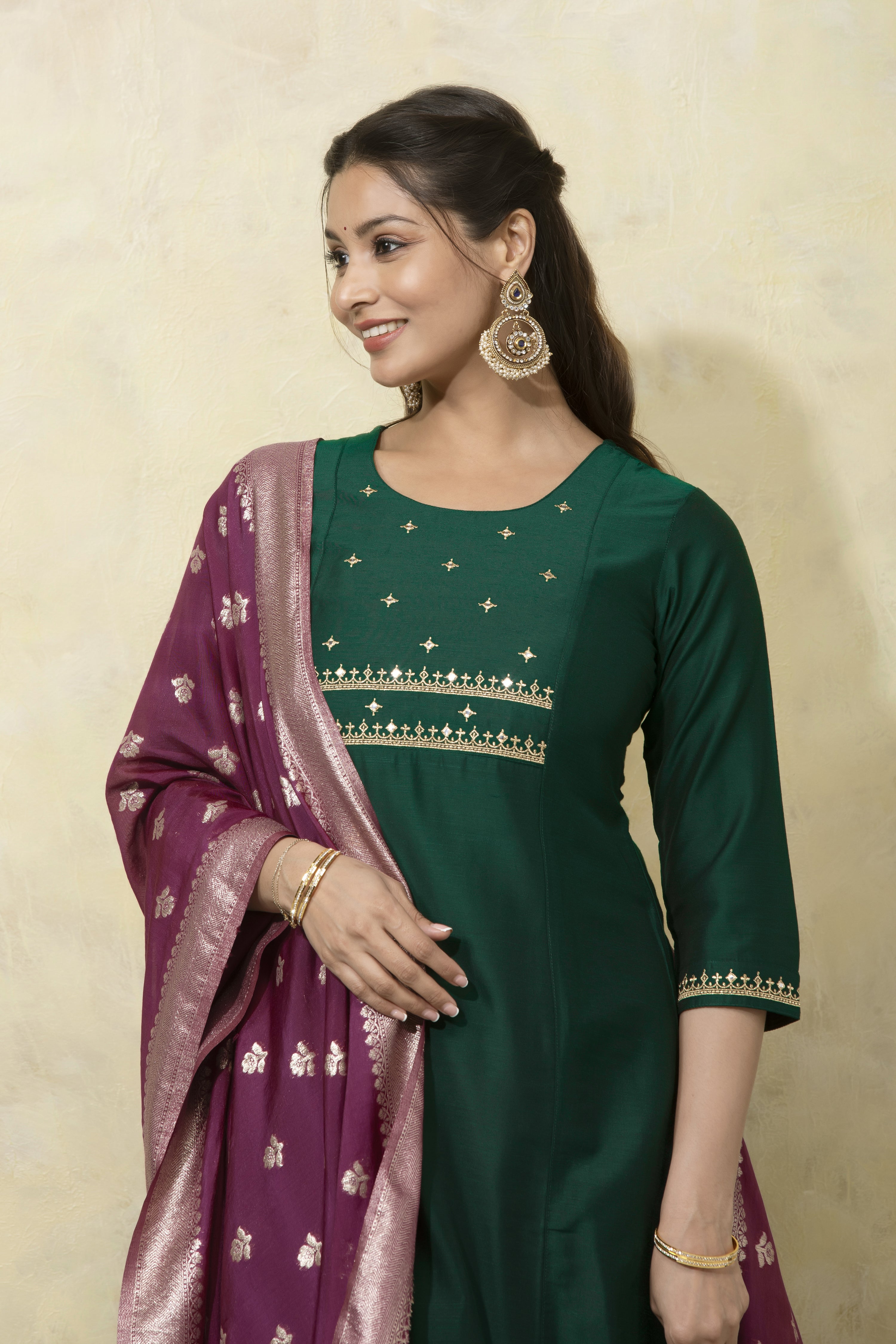 Festive Embroidered A-Line Kurtaset with Brocade Dupatta - Green & Purple