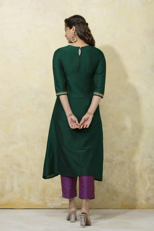 Festive Embroidered A-Line Kurtaset with Brocade Dupatta - Green & Purple