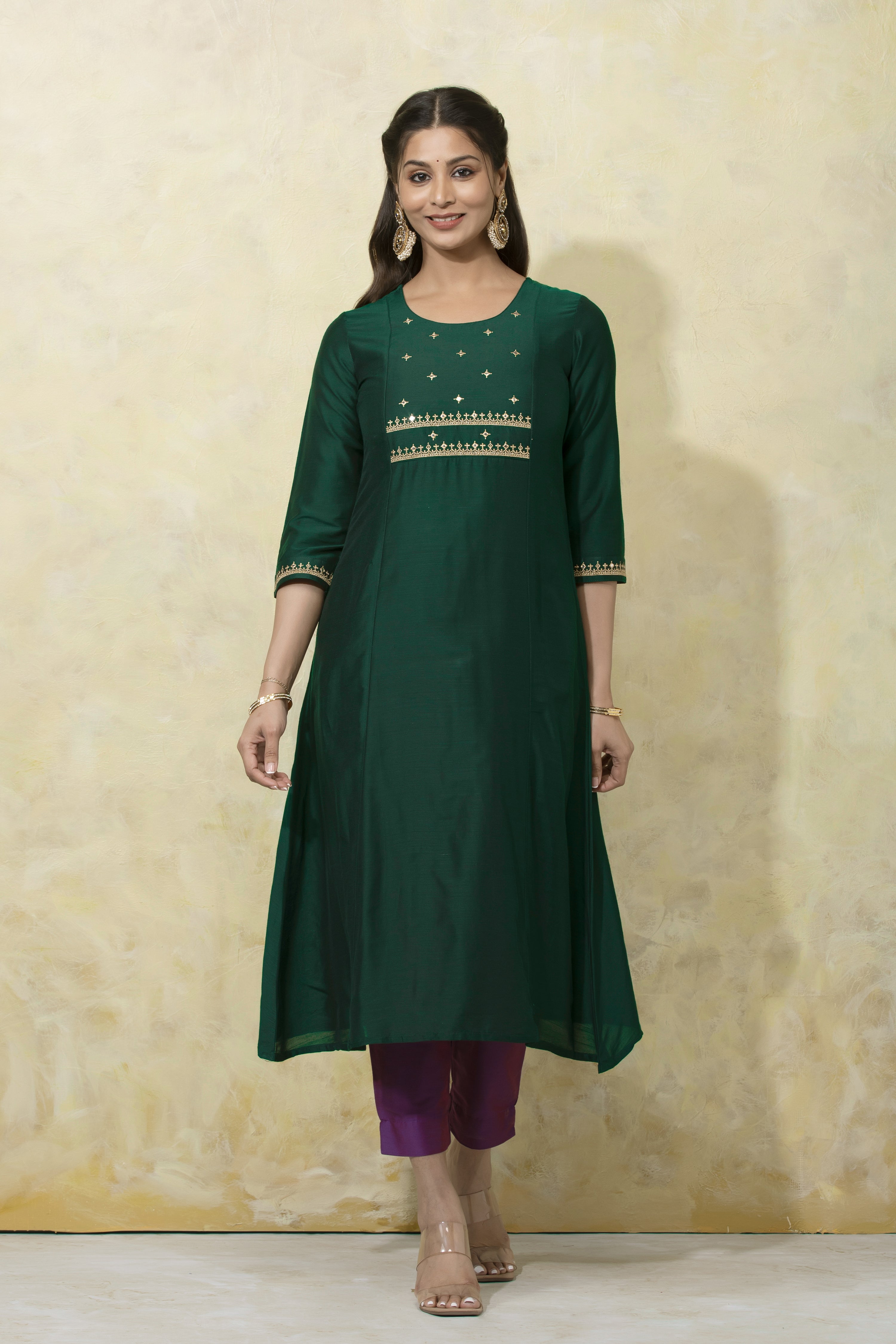 Festive Embroidered A-Line Kurtaset with Brocade Dupatta - Green & Purple