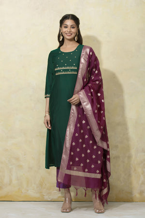 Festive Embroidered A-Line Kurtaset with Brocade Dupatta - Green & Purple