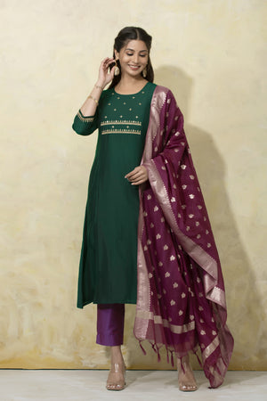 Festive Embroidered A-Line Kurtaset with Brocade Dupatta - Green & Purple