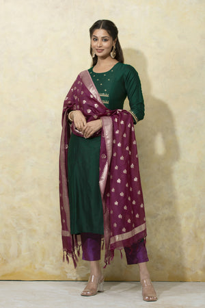 Festive Embroidered A-Line Kurtaset with Brocade Dupatta - Green & Purple