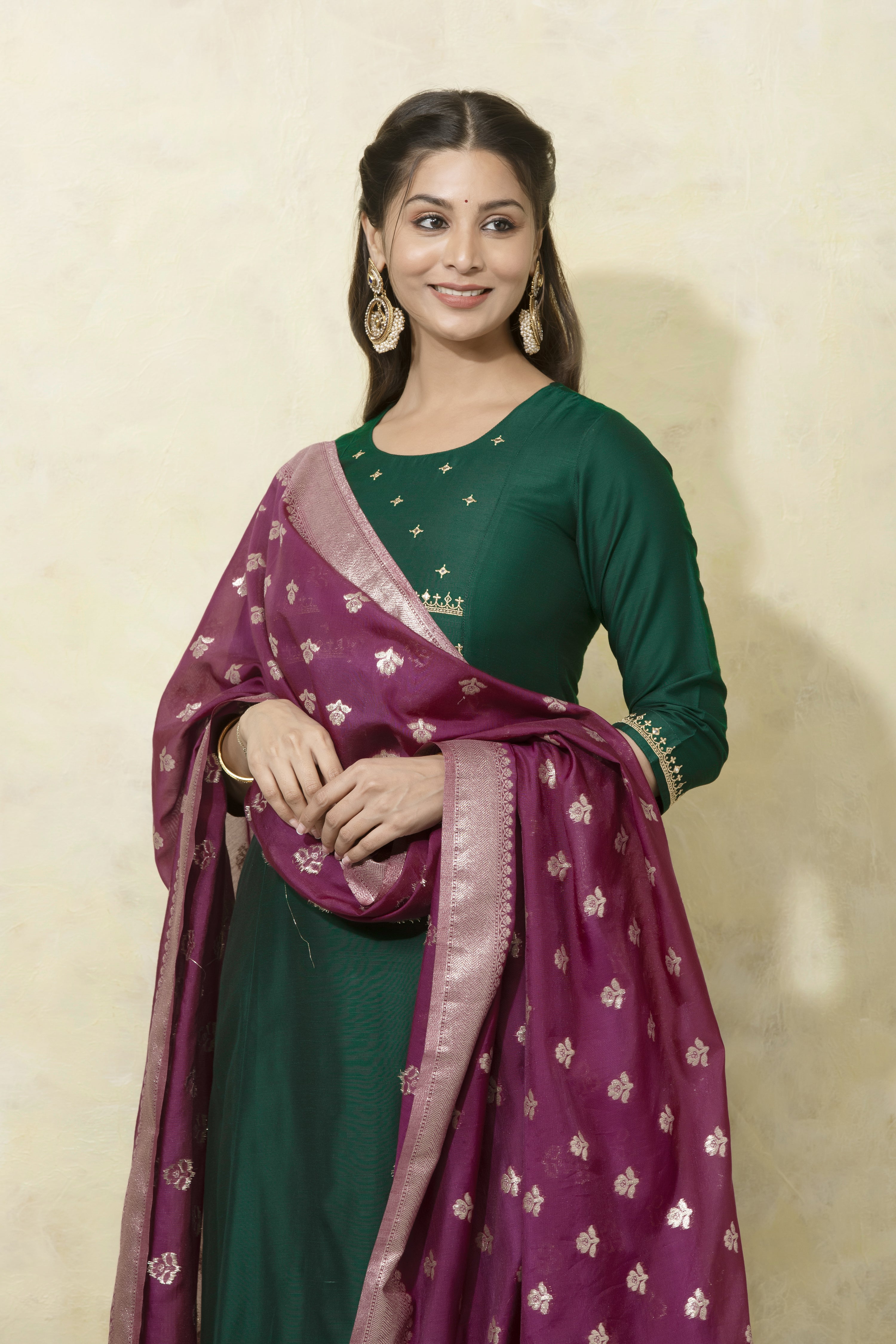 Festive Embroidered A-Line Kurtaset with Brocade Dupatta - Green & Purple