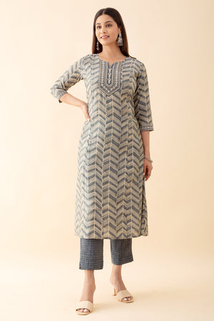 Printed Kurtaset with Embroidered Yoke - Grey