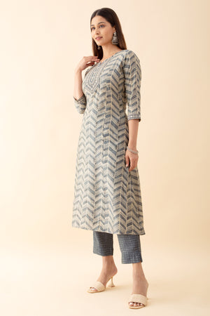 Printed Kurtaset with Embroidered Yoke - Grey