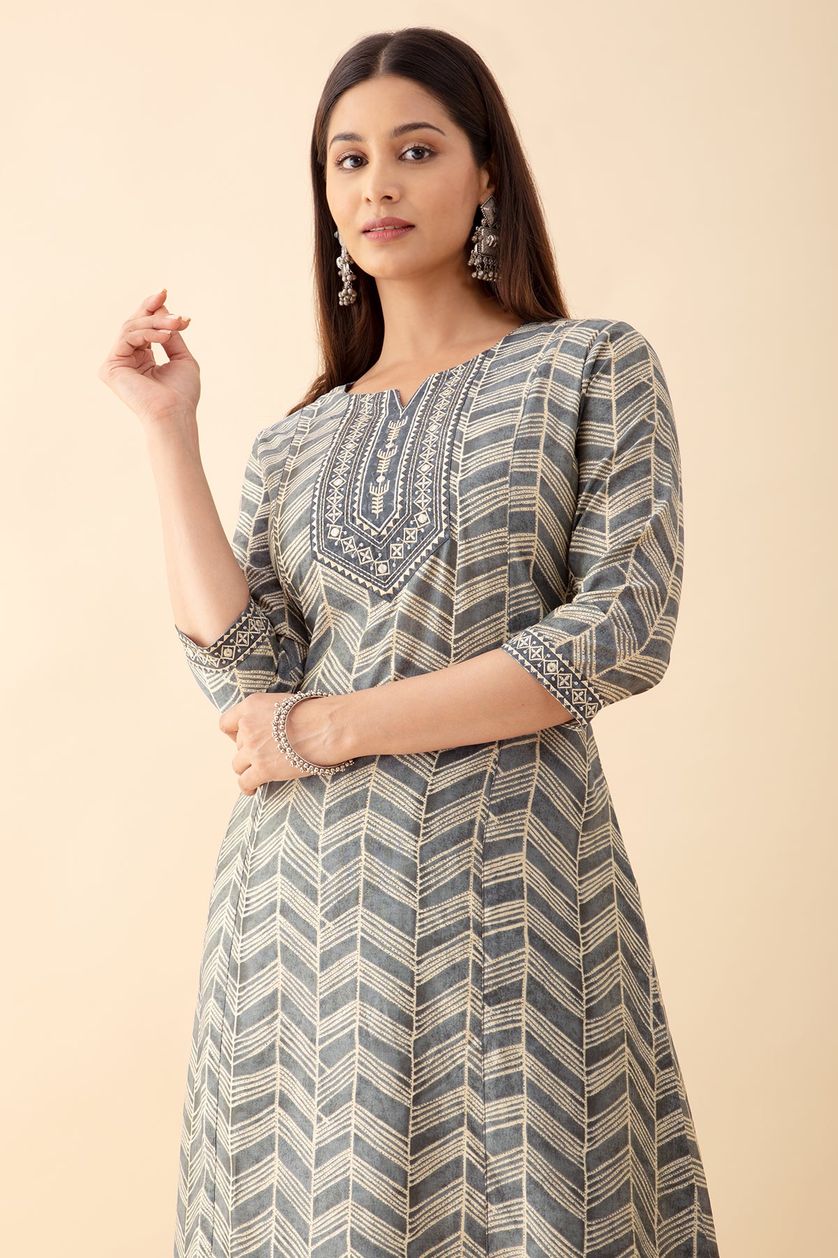 Printed Kurtaset with Embroidered Yoke - Grey