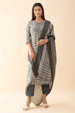 Printed Kurtaset with Embroidered Yoke - Grey