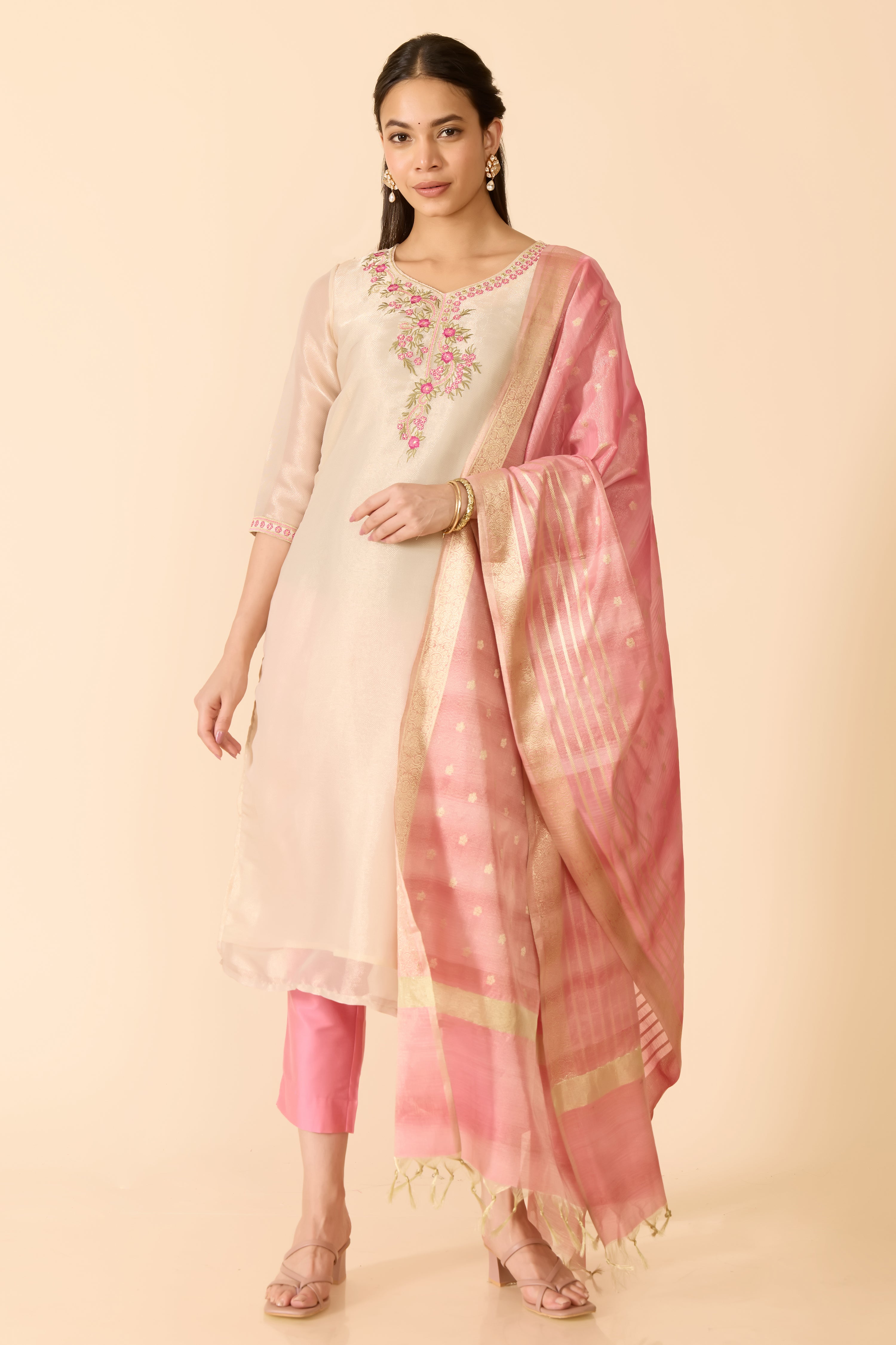 BEIGE TISSUE KURTA SET WITH PINK DUPATTA