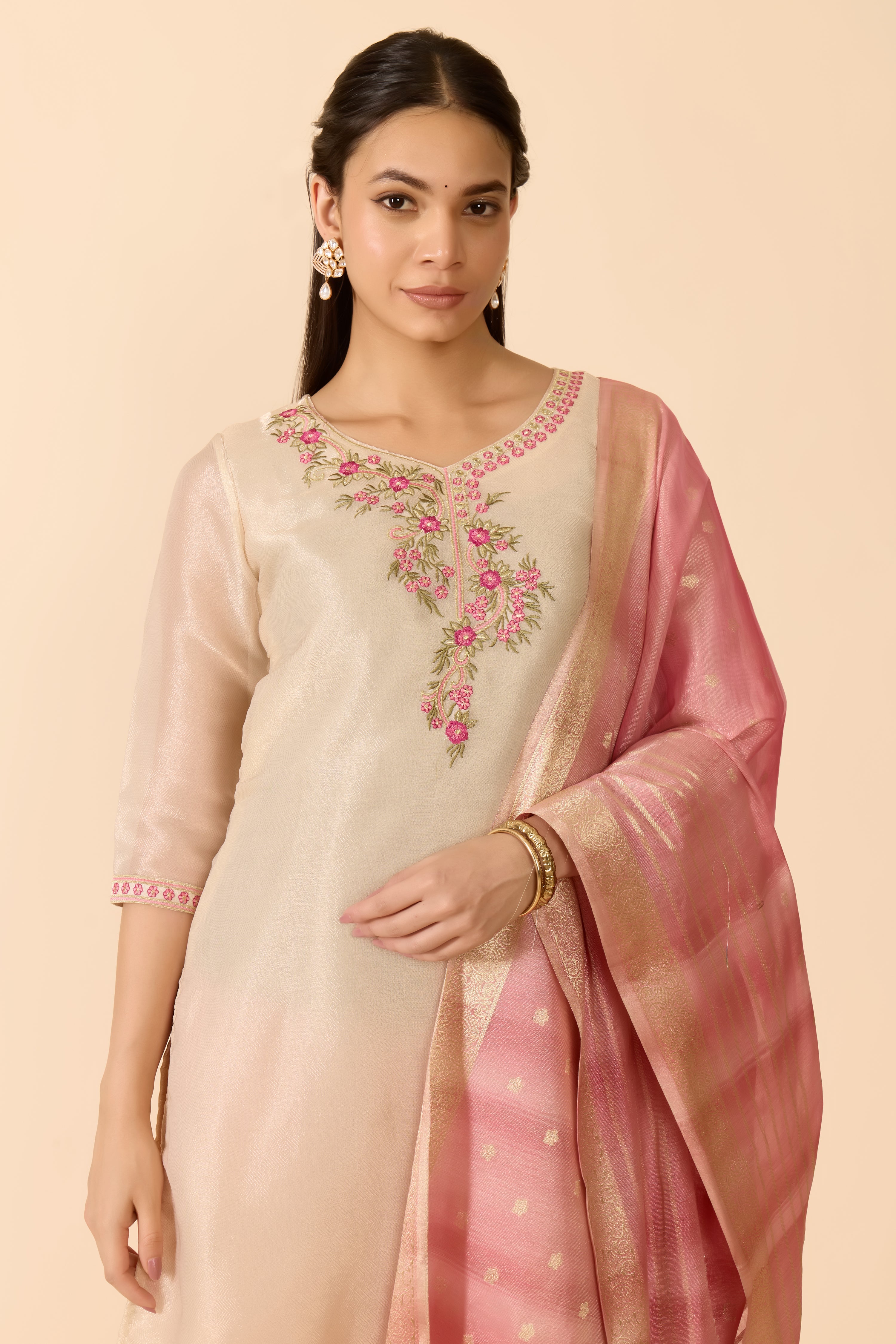BEIGE TISSUE KURTA SET WITH PINK DUPATTA