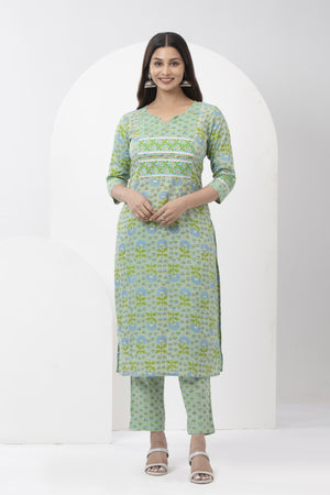 Cotton Printed Kurta Set with Dupatta - Green