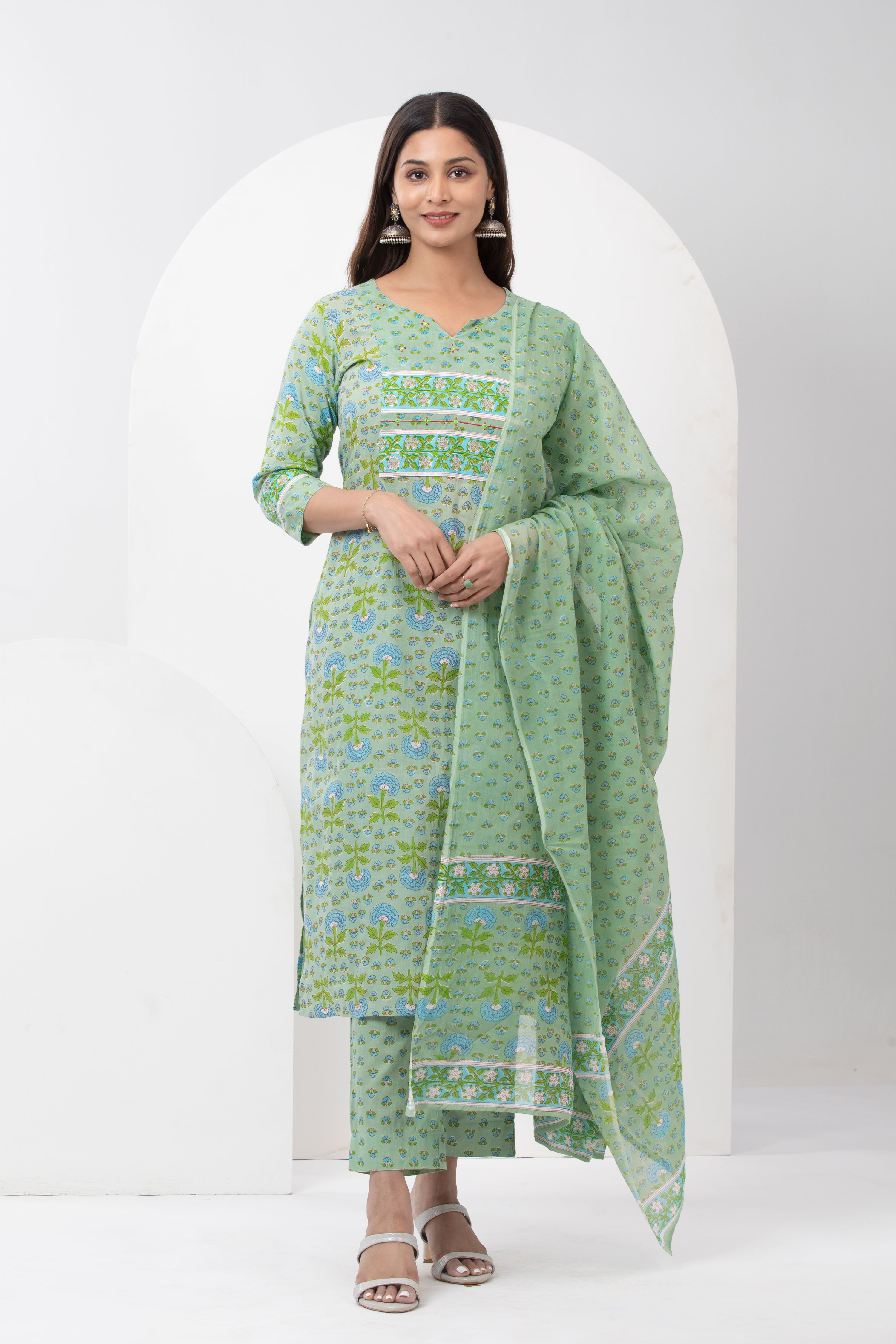 Cotton Printed Kurta Set with Dupatta - Green