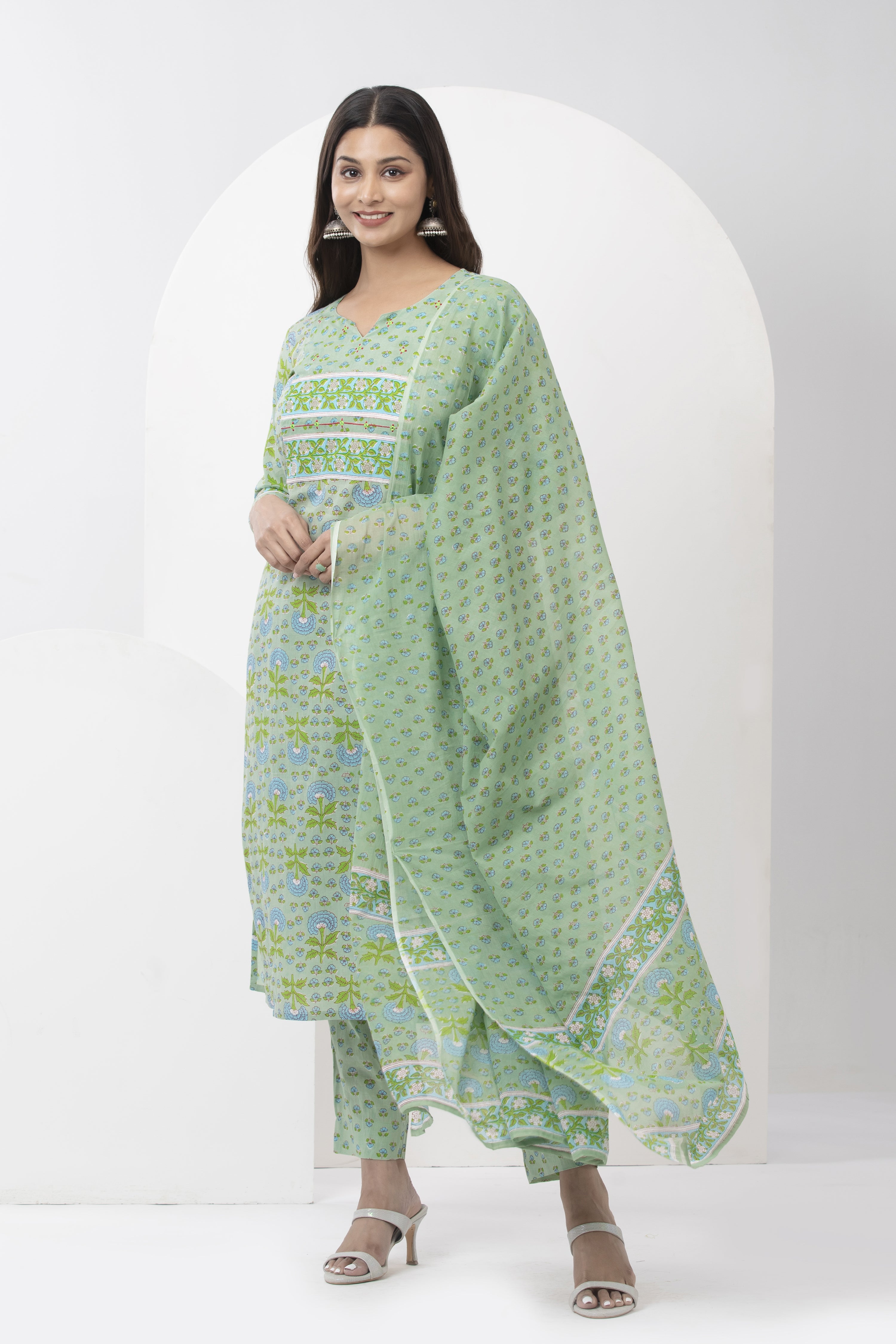 Cotton Printed Kurta Set with Dupatta - Green