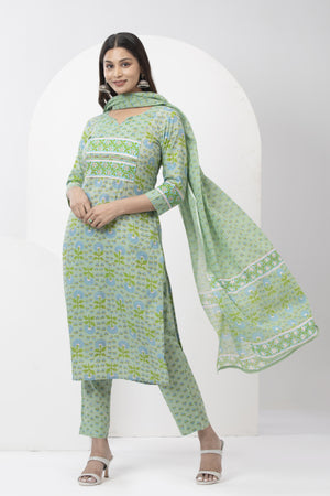 Cotton Printed Kurta Set with Dupatta - Green