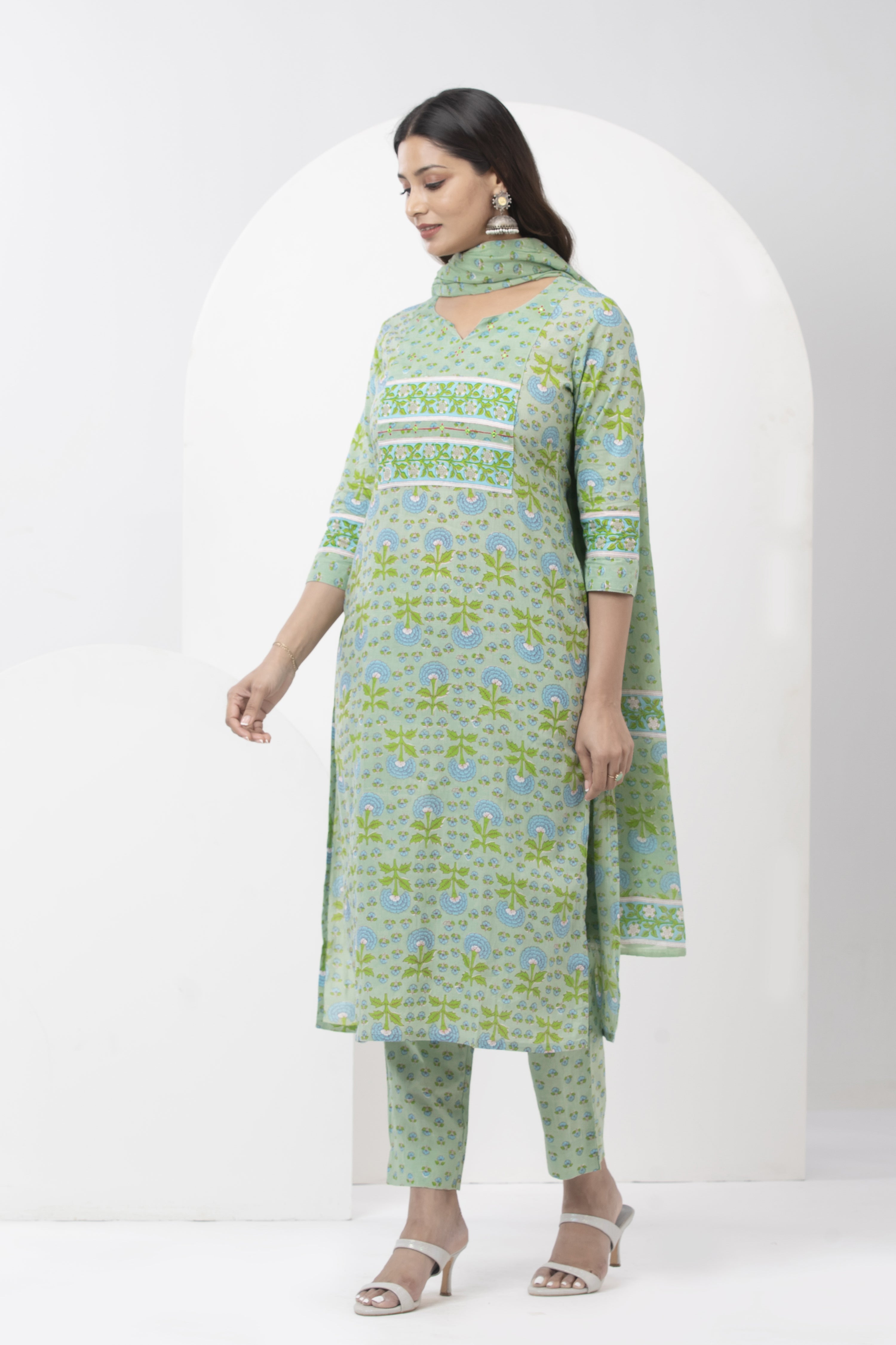 Cotton Printed Kurta Set with Dupatta - Green