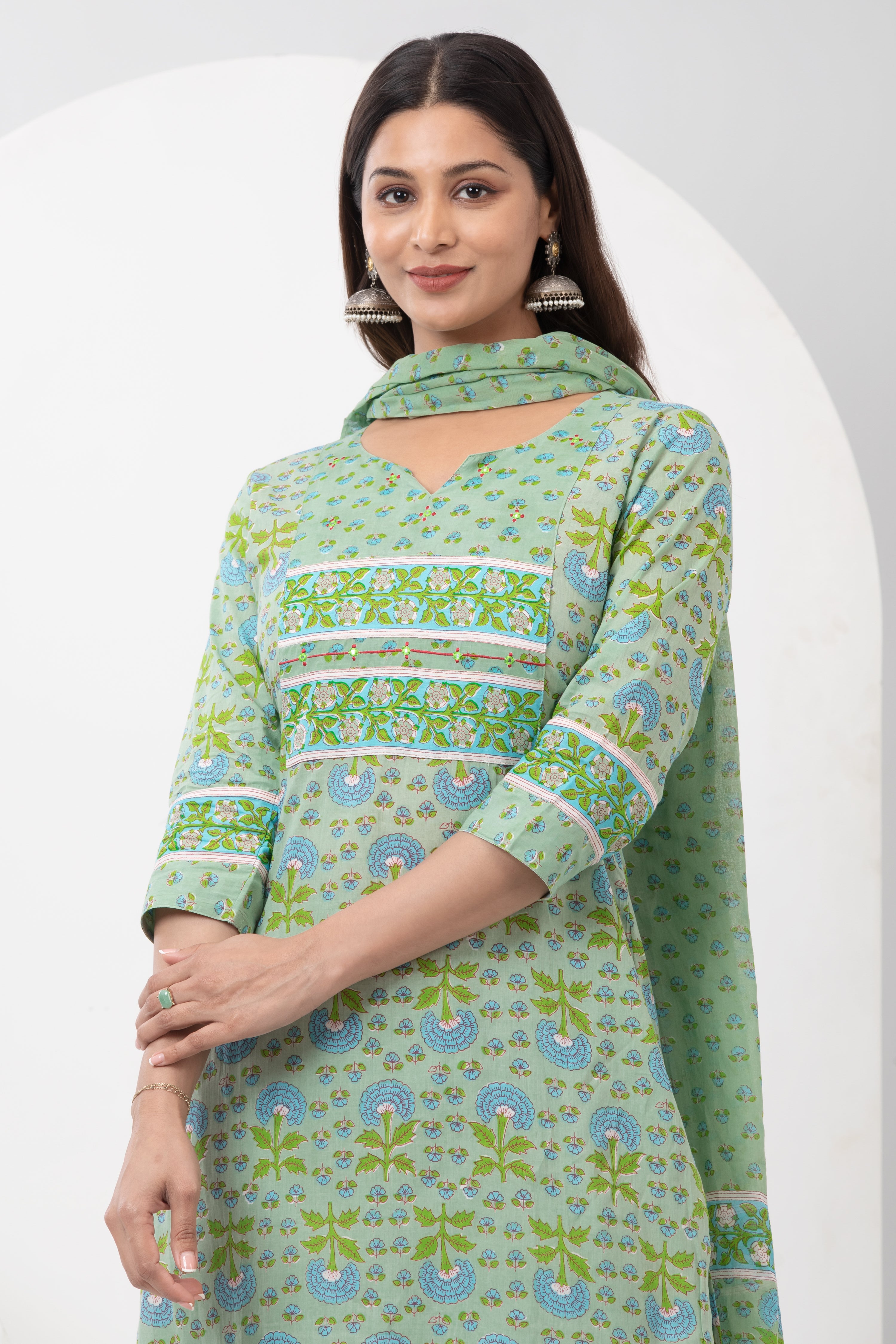 Cotton Printed Kurta Set with Dupatta - Green