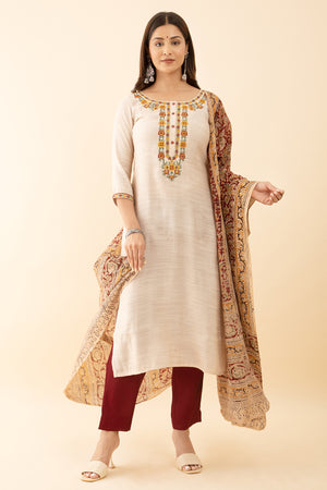 Fashionable Kalamkari Dupatta and Kurta Set with Floral Embroidery