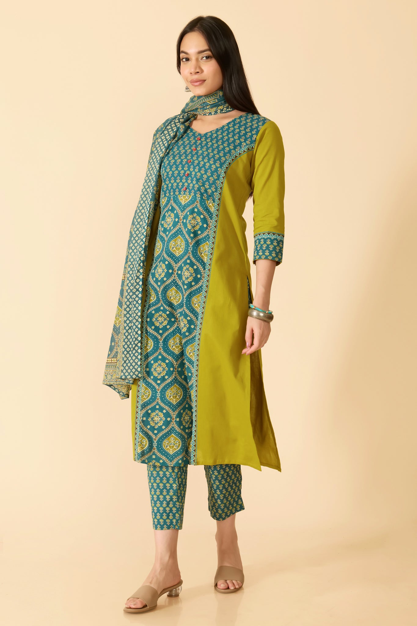 GREEN FLORAL COTTON KURTA SET