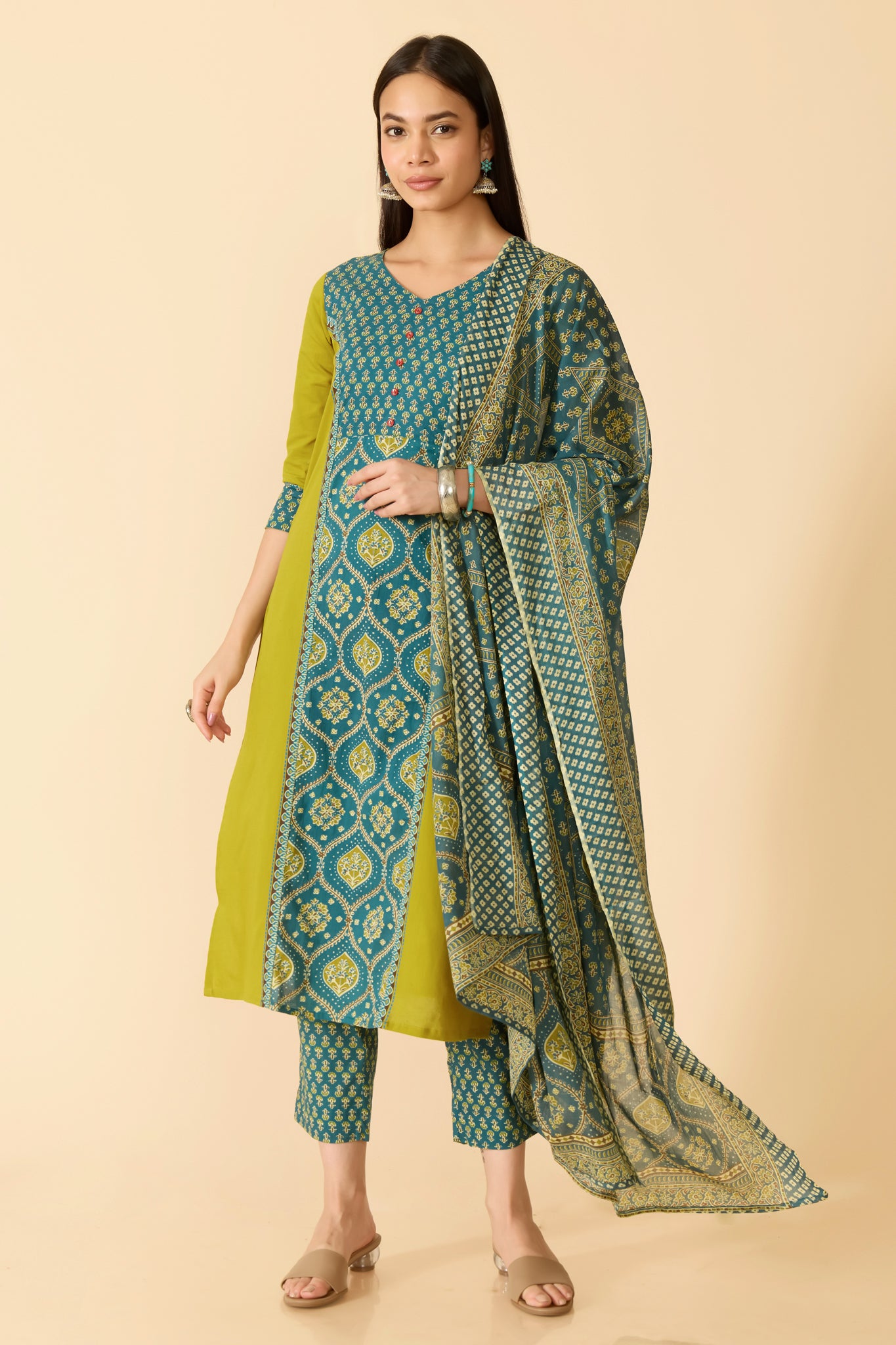 GREEN FLORAL COTTON KURTA SET