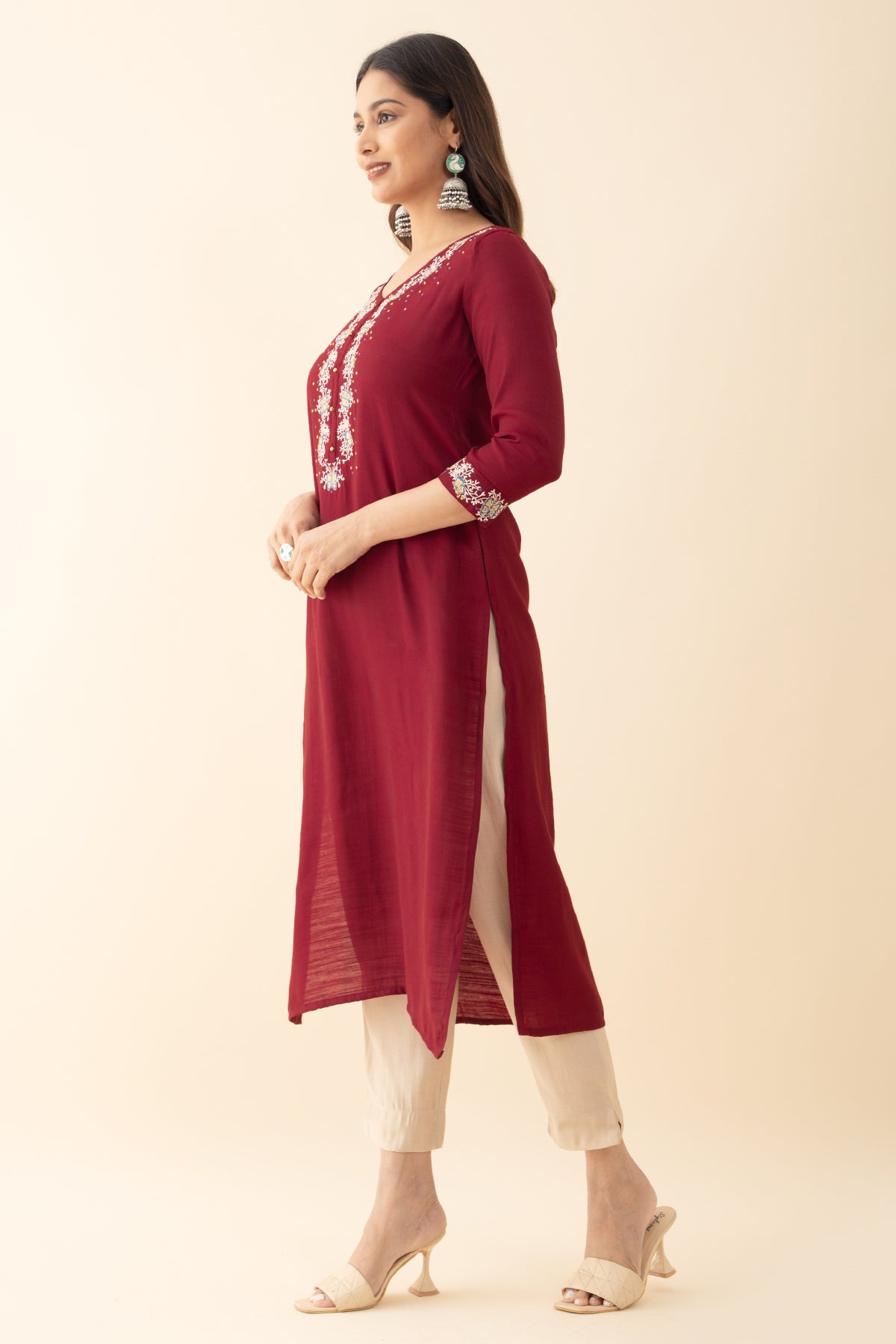 Floral Embroidered Kurtaset with Kalmakari Printed Dupatta - Red & Beige