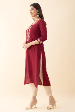 Floral Embroidered Kurtaset with Kalmakari Printed Dupatta - Red & Beige