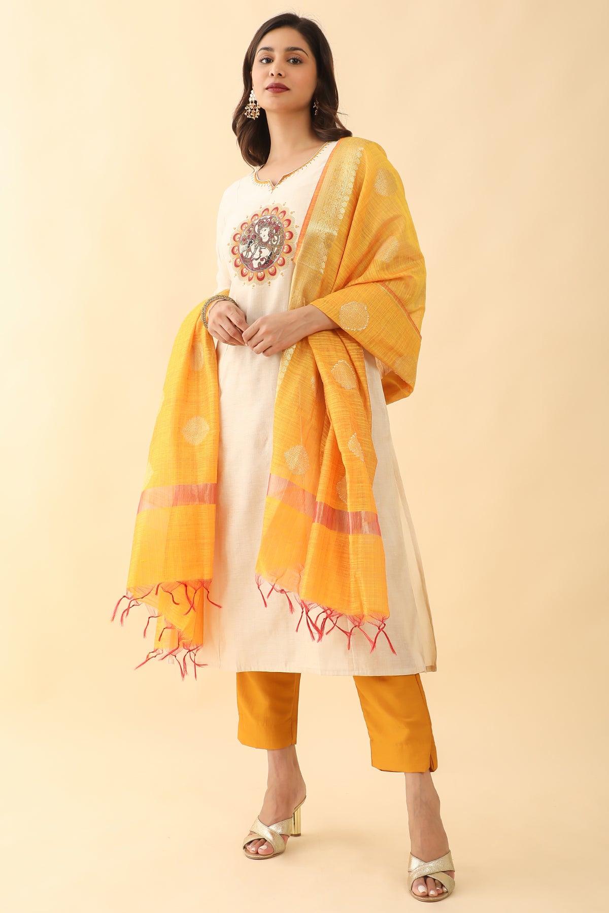 All Over Floral Digital Printed Kurta Set Off White Mustard