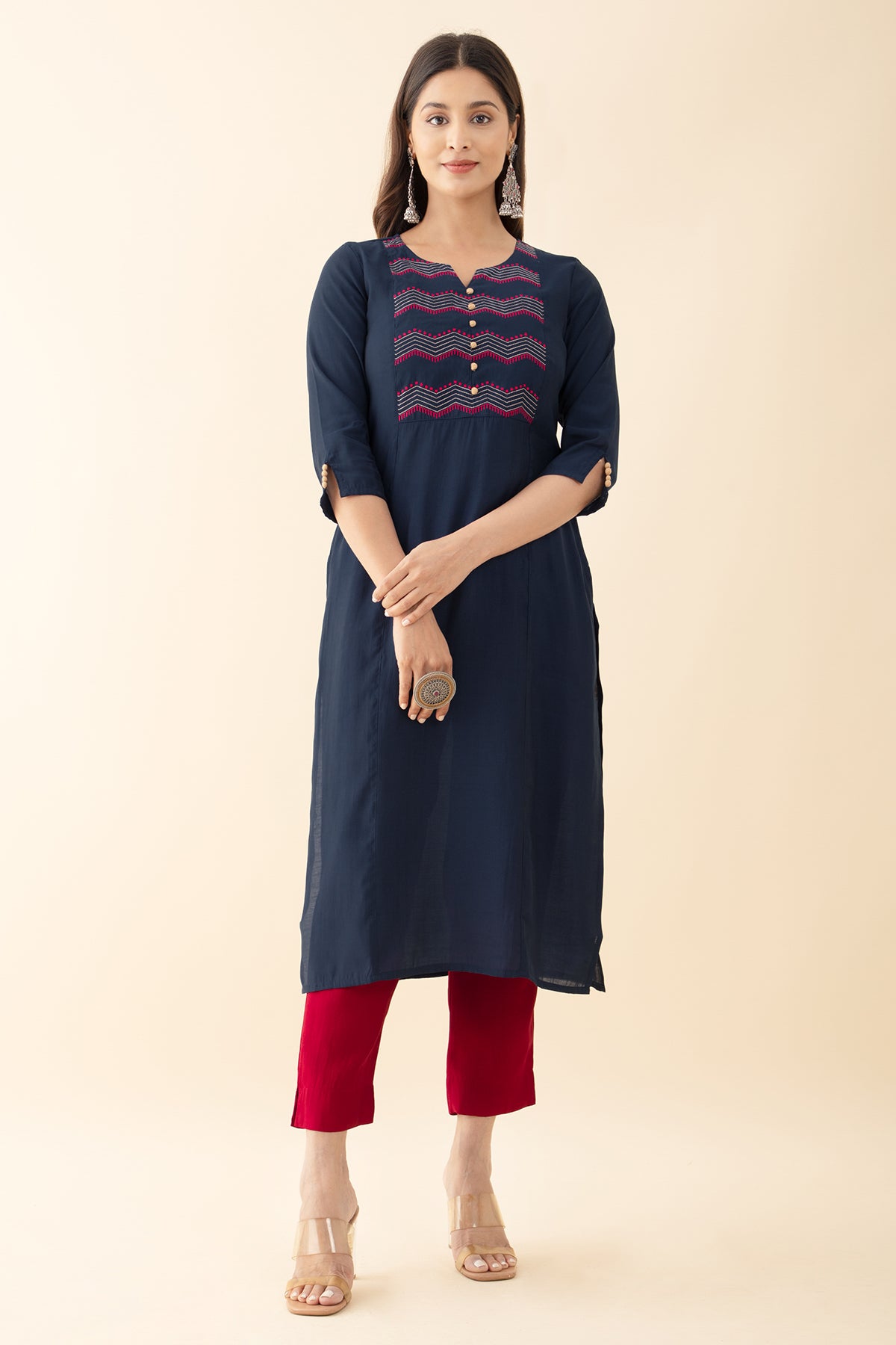 Embroidered Kurtaset with Ajrakh Printed Kurtaset - Red & Blue