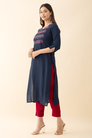 Embroidered Kurtaset with Ajrakh Printed Kurtaset - Red & Blue