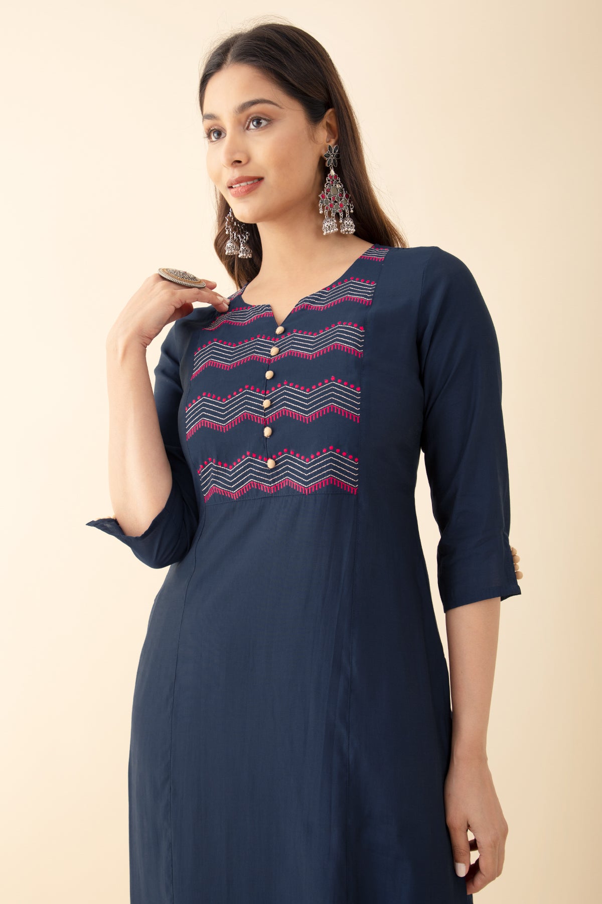 Embroidered Kurtaset with Ajrakh Printed Kurtaset - Red & Blue